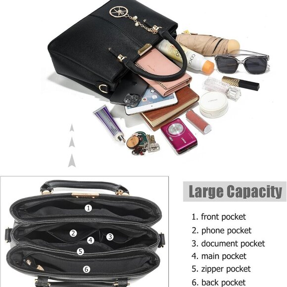 Purse and Handbags for Women, 3 Zip Compartments Tote Bag Designer Shoulder Purs - Picture 5 of 7